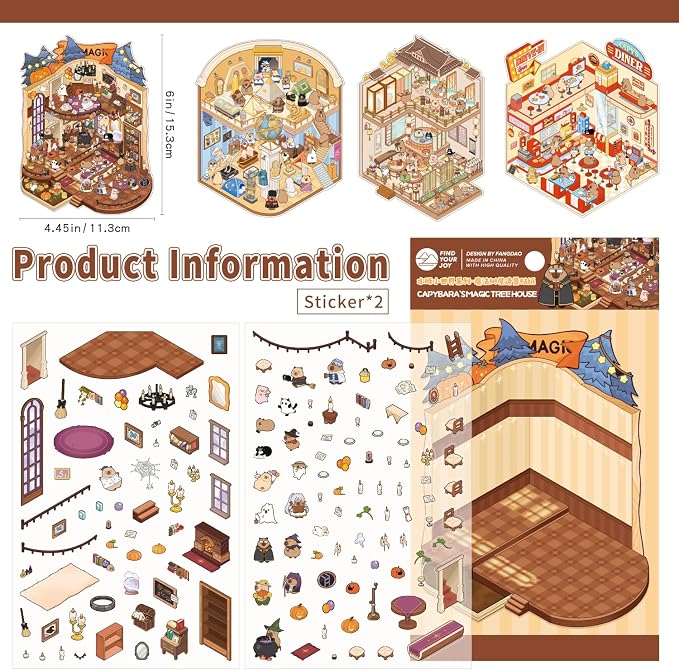 Girls 3D Miniature Scene Stickers, 4 Sets World Travel DIY House Stickers for Museun, Hotel, Magic House, Drive-In Restaurant, Cute 3D Cartoon Sticker Scenes for Adult Kids Relief Stress Pass The Time