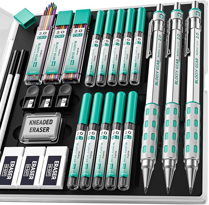 Nicpro 3 Pack Blocky Gear 2.0 mm Metal Mechanical Pencils Set with Case