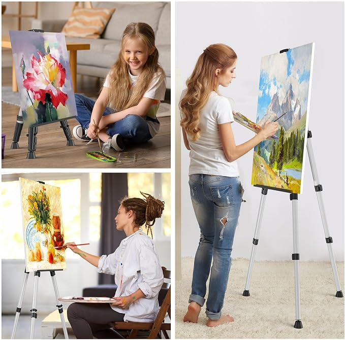Art Painting Display Easel Stands - Portable Adjustable Floor Artist Easels | Aluminum Metal Tripod Silver Stands with Bags, Sturdy for Table-Top/Floor Painting, Drawing, Displaying - Silver 2 pack