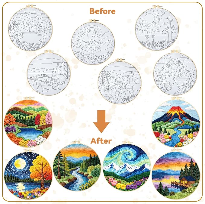 BEUNITONE 6 Pack Hand Embroidery Starter Kit for Adults with Pre-Print Scenery Pattern, Needlepoint Kits with Embroidery Hoop and Instructions, DIY Funny Craft Kits for Gifts and Home Decor