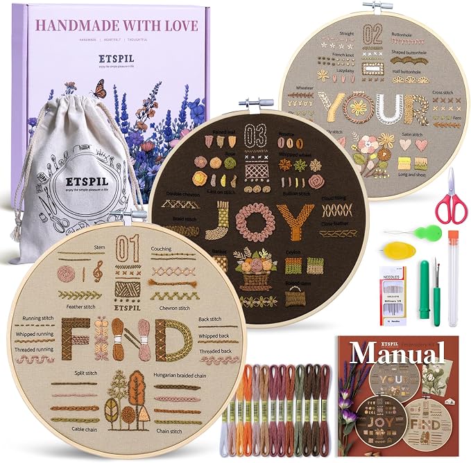 ETSPIL Embroidery Kit for Adults, 42 Stitches, 4K Video, Storage Bag | Stamped Floral Letters FIND YOUR JOY. Step-by-Step Guide. 20% Extra Floss. Beginner-Friendly. Relaxing Craft for Women