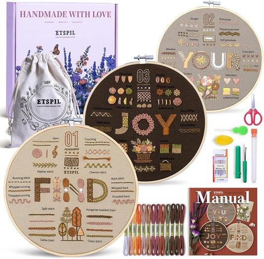 ETSPIL Embroidery Kit for Adults, 42 Stitches, 4K Video, Storage Bag | Stamped Floral Letters FIND YOUR JOY. Step-by-Step Guide. 20% Extra Floss. Beginner-Friendly. Relaxing Craft for Women