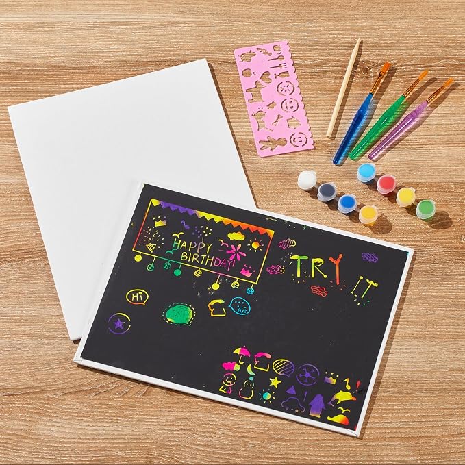 Double-Sided Canvas Boards, 2-Pack 9x12 Inch Scratch Art & Painting Set with 8 Acrylic Paints, 3 Brushes, Wooden Stylus & Stencil, Creative Art Kit for DIY Projects & Crafting Fun