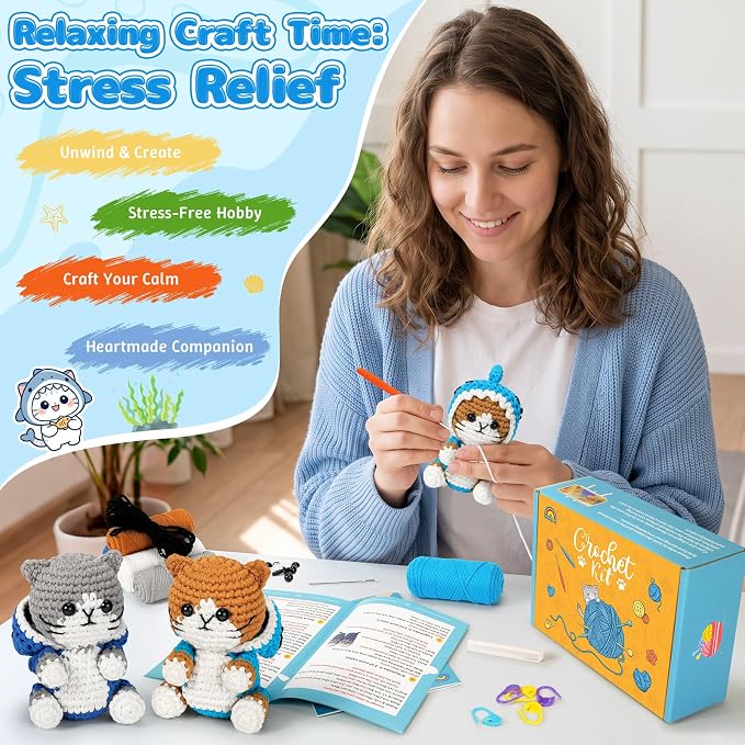 Fortuning's JDS Crochet Kit for Beginners, 2 PCS Shark Cat Crochet Kits