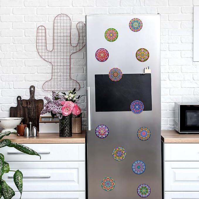 Zonon 12 Pcs Diamond Art Magnets Kits, Neon Mandala Fridge Magnets Boho | Diamond Painting Stickers for Adults DIY Home Decor, Psychedelic Boho Style, Vibrant Mandala, Refrigerator Decorations Kit