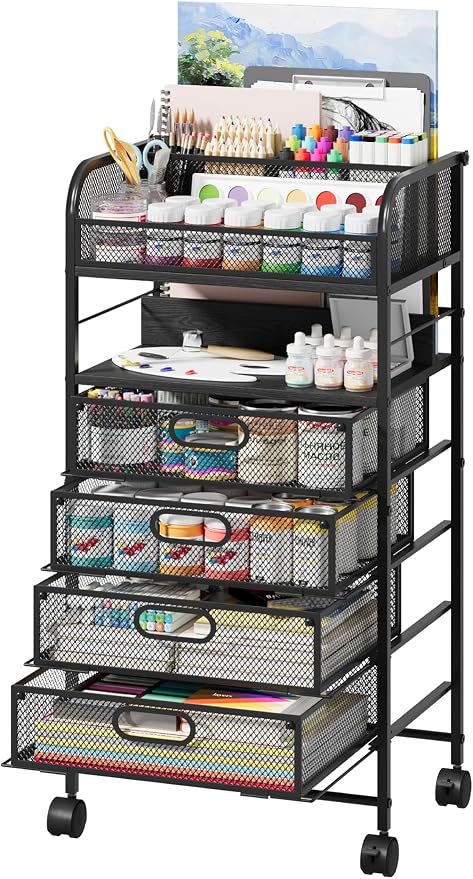 Homsorout Rolling Art Cart with 4 Drawers, Black