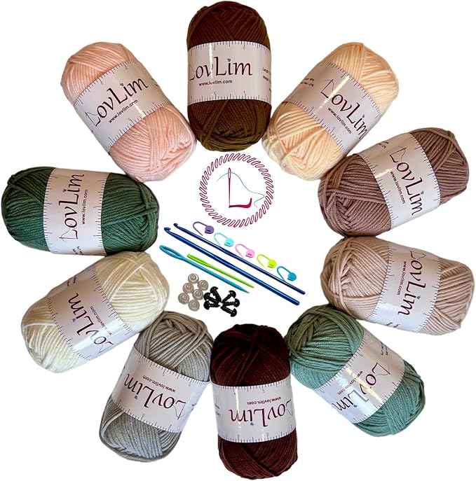 Milk-Cotton Crochet Yarn Kit, 10x50g Skeins DK Weight, 1250+ Yards, Hooks, Needles & Safety Eyes, 40+ Free Patterns, for Amigurumi, Crocheting & Knitting - Nature Palette