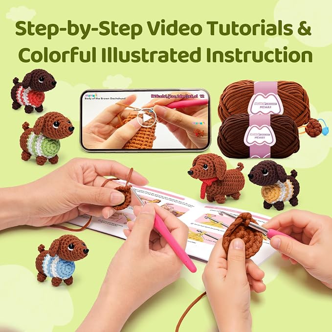 Mewaii Crochet Kit for Beginners, 5 Pack Dachshund Dog Craft Set | 40% Extra Yarn, Video Tutorial, Pre-Started Piece, Beginner Friendly, Family Craft Gift for Adults & Kids