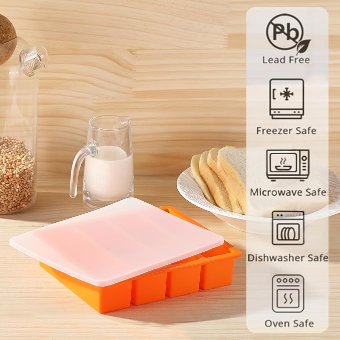 OHOLA Silicone Butter Mold Tray with Lids, Non-Stick for Chocolate, Energy Bars and Cake (1Pack, Stylish Orange Color)