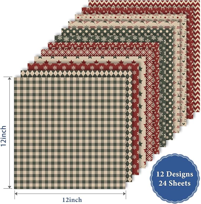 24 Pack Christmas Pattern Paper 12x12 Merry Christmas Scrapbook Double-Sided Plaid Craft Paper Folded Flat for DIY Card Making Scrapbooking Photo Album