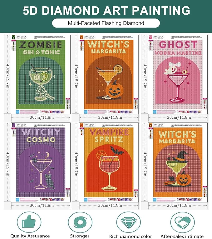 6 Pack Diamond Art Kits for Adults, Cocktail Diamond Painting Kits 12x16 in