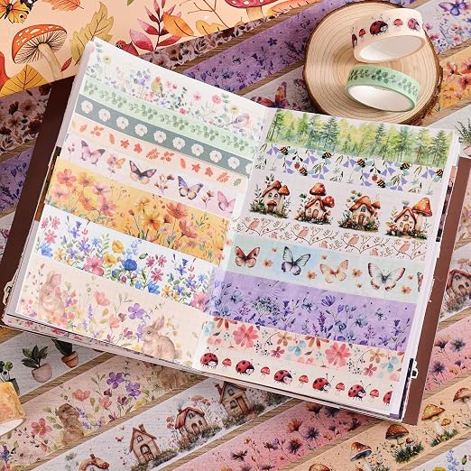 PAGEMORE 27 Rolls Vintage Washi Tape Set, Floral Butterfly Forest Mushroom Botanical Flower Writable Decorative Tapes for Scrapbooking, Junk Journal Supplies, Bullet Journaling 9.84ft Long/Roll