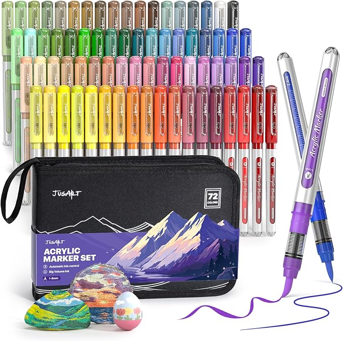 JusArt 72 Colors Acrylic Paint Markers Brush Tip, Automatic Ink Control
