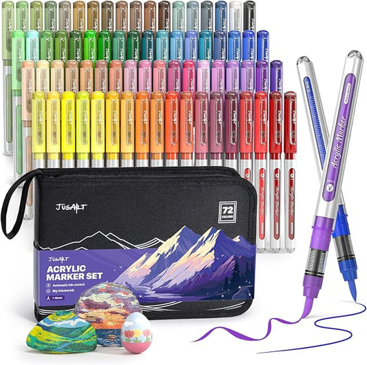 JusArt 72 Colors Acrylic Paint Markers Brush Tip, Automatic Ink Control