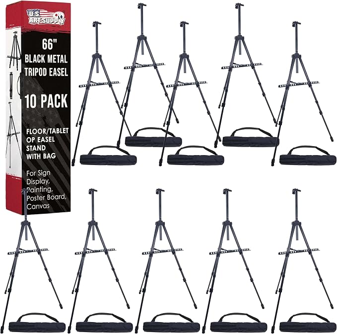 U.S. Art Supply 66" Black Metal Tripod Easel Display (10 Pack) | Adjustable from 20"to 5.5', Holds 32" Canvas - Floor/Tabletop Easel Stand, For Sign Display, Painting, Poster Board, Canvas