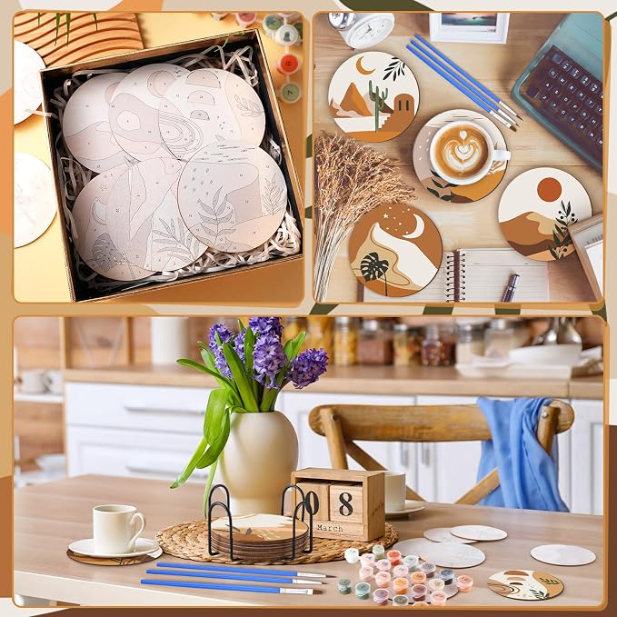 Reallnaive 8 Pcs Boho Paint by Numbers Kit for Adults Wooden Coasters | Mini Paint by Numbers, Tiny Cute Round Oil Painting Drink Coaster with Holder, for Small DIY Craft Birthday Gift