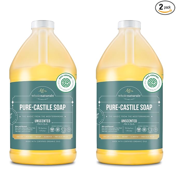 WHOLENATURALS Pure Castile Soap Liquid Unscented, EWG Verified & Certified Palm Oil Free-1 gallon (64oz x2 bottles) Natural, Mild & Gentle Non-gmo & Vegan-Organic Body Wash, Laundry & Baby Soap
