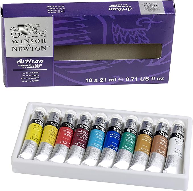 Winsor & Newton Artisan Water Mixable Oil Paint Set, 10 x 21ml Tubes | Clean with water; no solvents needed. Color depth, lightfastness, opacity/transparency are the same as traditional oils.