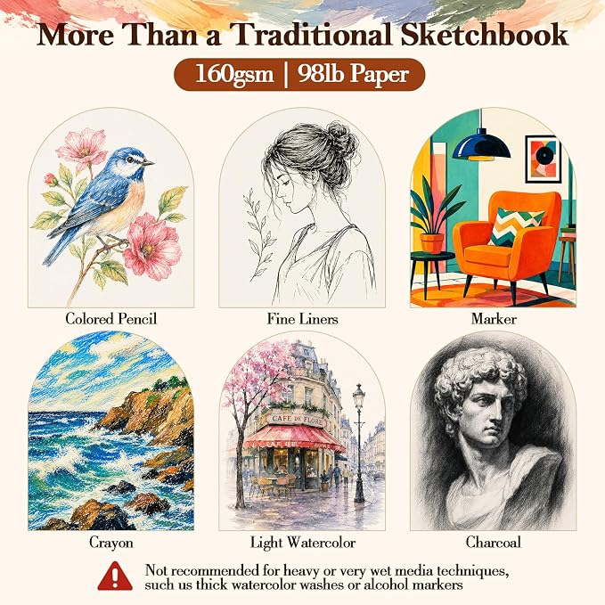 Mixed Media Sketch Book 9" x 12": 98lb/160gsm Spiral Sketchbook, 60 Sheets