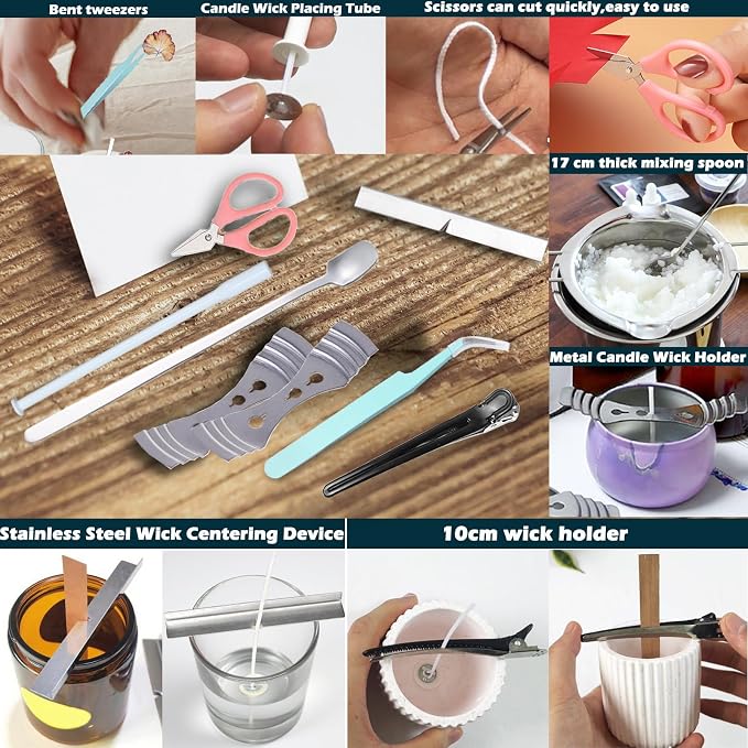 133PCS Candle Making Kits with Candle Wick Trimmer(7IN),Mold Hook Punch Needle Wick for Inserting Wick,Big Hole Long Needle,Cotton Wick with Metal Sustainer Tabs,Wick Stickers with The Little ‘‘Tail’’
