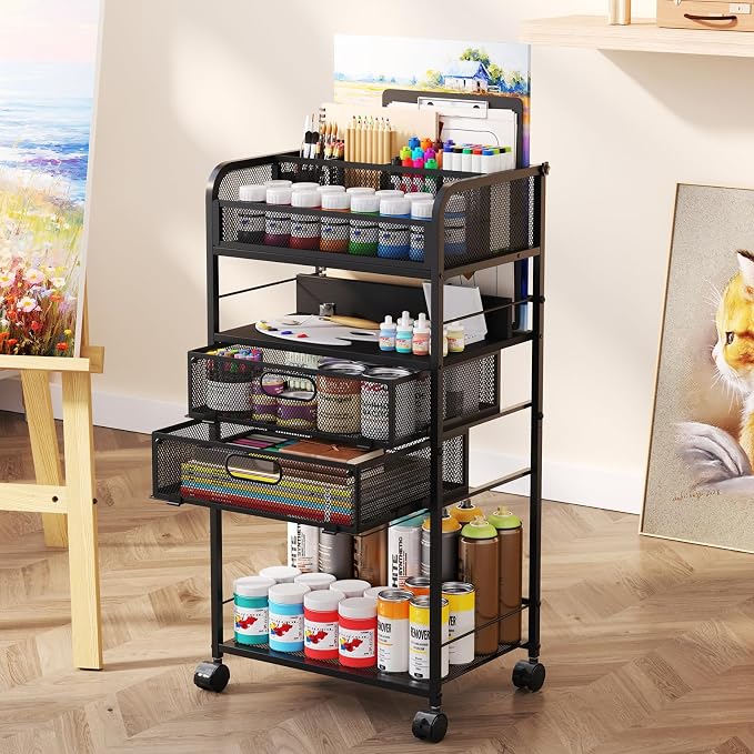 Homsorout Art cart, 5 Tier Rolling Cart - Utility Cart with Storage Drawer and Wheels, Versatile Art & Craft Organizer for Home, Office, or Studio Ideal for Storing Brushes, Paints （Black）