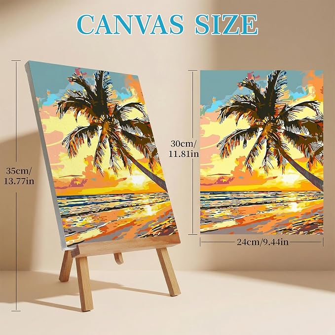 Qoosea Paint by Numbers Kit for Adults with Framed Canvas 4 Pack | Beach and Turtle Paint by Number Arts Kits for Beginner with Wooden Easel, Acrylic Set, Brushes for Home Decor, 9 * 12 Inch