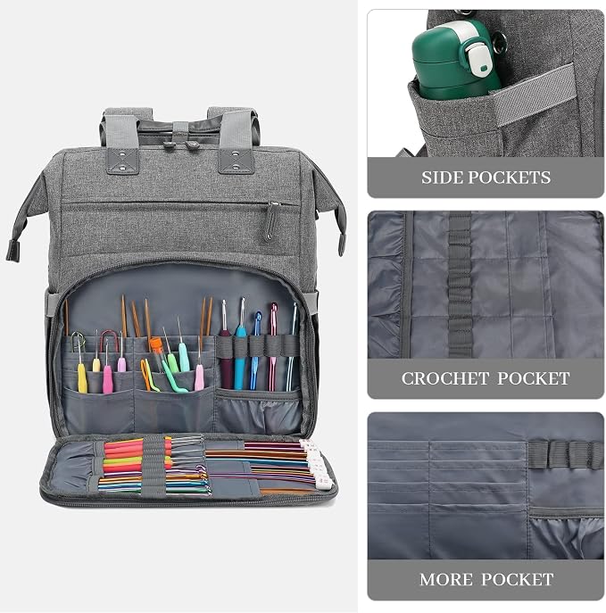 Knitting Bag Backpack Yarn Storage Organizer Travel Bag with USB Charging Port, Large Tote Bag Holder Case for Knitting Needles, Crochet Hooks, Accessories, Grey