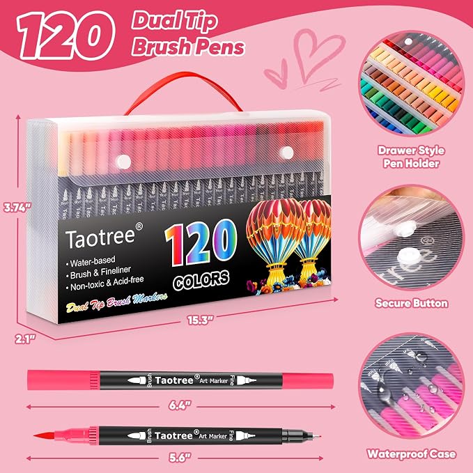 Taotree 120 Colors Dual Tip Art Markers Pens for Adult Coloring Book | Artist Fine & Brush Tip Coloring Markers Set Drawing Pens Craft Art Supplies for Journaling Note Taking Lettering Calligraphy