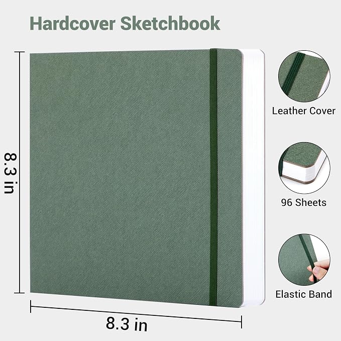 Hardcover Sketch Book, 8.3x8.3, 96 Sheets, Sketchbook for Drawing, Green | Ideal Gift For Kids Adults,200GSM Watercolor Heavyweight Lay-Flat Art Journal,Drawing pad for Adults