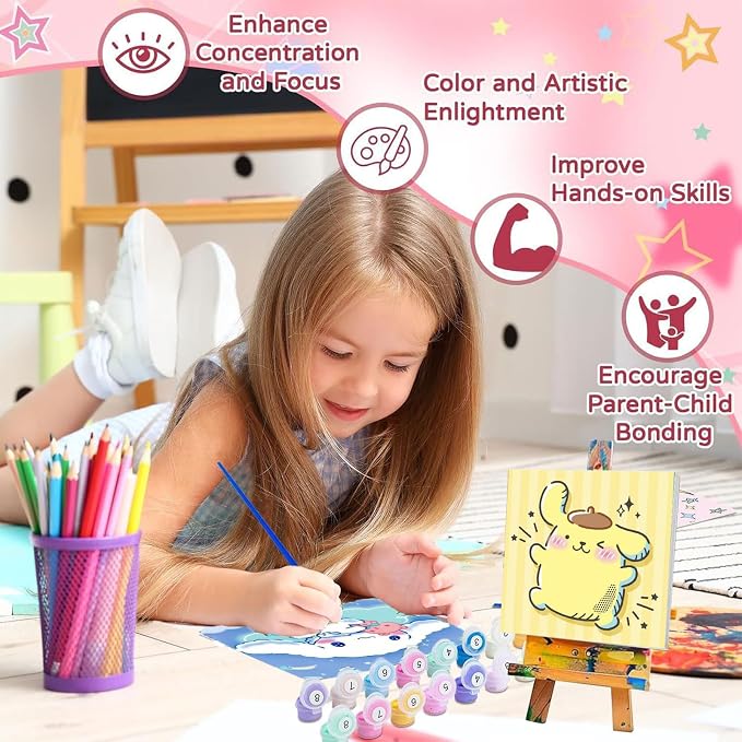 4 Pack Cartoon Paint by Numbers Kit for Kids with Frame Wooden Easel | Cute Kids Paint by Numbers Ages 4 8 12, DIY Acrylic Oil Painting for Home Wall Decor (8x8 inch)