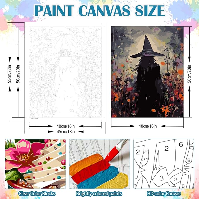 LKHMVCA Halloween Witch Flower Paint by Number Kits for Adults, DIY Paint by Numbers Kits for Adults Beginners Without Frame, Acrylic Paint Canvas Painting Kits Art for Home Decor 16x20 Inch