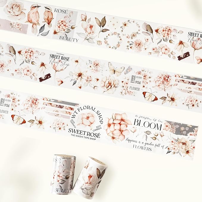 WT Pre-Cut Sweet Rosé Wide PET Tape, Single Roll, Original Designs, Dreamy Rose Motifs & Subtle Handwritten Accents, Decorative Clear Tape for Journaling, Scrapbooking, Planner, DIY Crafts