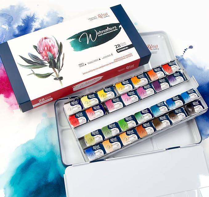 ROSA Gallery Botanical Watercolor Paint Set, Vibrant Kit Designed by Professional Artists, Washable, High Lightfastness Pigments, Made in Ukraine, Packed in Metal Paint Box, 28 Ct.