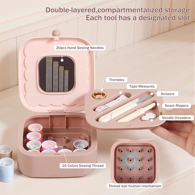 LOTOFUN Small Sewing Kit Box: Cute Portable 2-Layer Organizer Magnetic Needle and Thread Kits Holder Basic Case - Home Clothes Repair for Beginners (Pink)