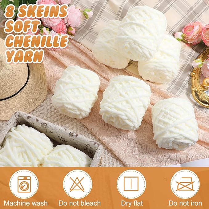 Buryeah 8 Pack Chunky Chenille Yarn for Crocheting, Cream