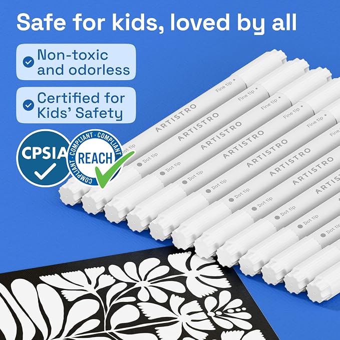 ARTISTRO White Dual-Tip Acrylic Paint Marker Pens - Set of 12 | For Fabric, Rock, Glass, Wood, & Coloring Books, Arts & Crafts Gift, Classroom Must Haves & School Supplies (Dot & Fine Tips)