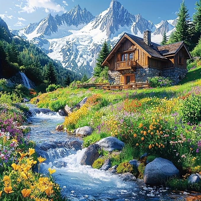 5D DIY Wildflower Wooden House Diamond Art Kits for Adults13.8x13.8 inch