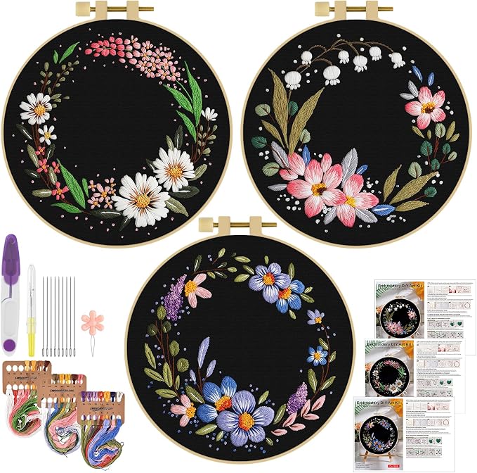 ERKOON 3 Sets Embroidery Kit, Floral Cross Stitch Set for Include Embroidery Cloth Hoops Threads for Craft Lover Hand Stitch (Garlands)