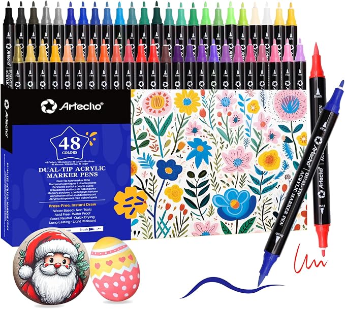 Artecho Acrylic Paint Markers 48 Colors with Brush Tip and Fine Tip