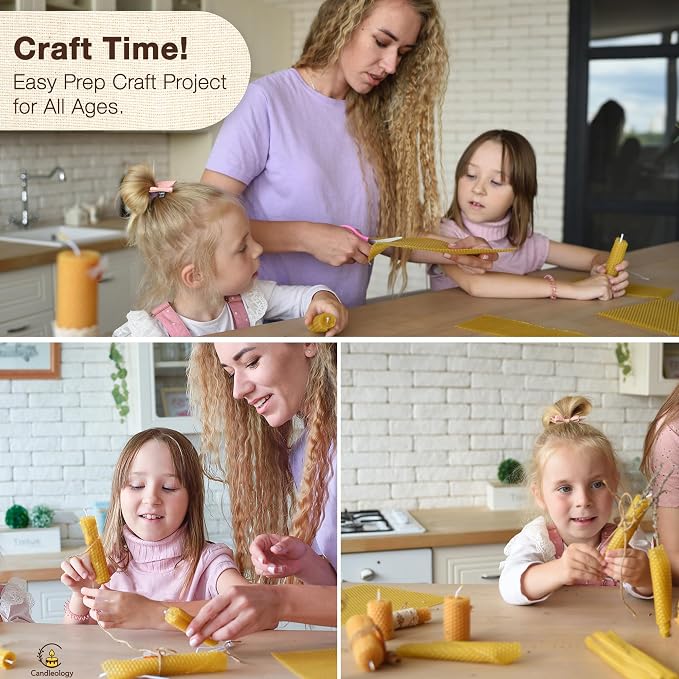 Natural Beeswax Sheets for Candle Making (10-Sheet Pack with Cotton Wicks) Natural Yellow Tone - DIY Beeswax Candle Rolling Kit for Kids & Adults