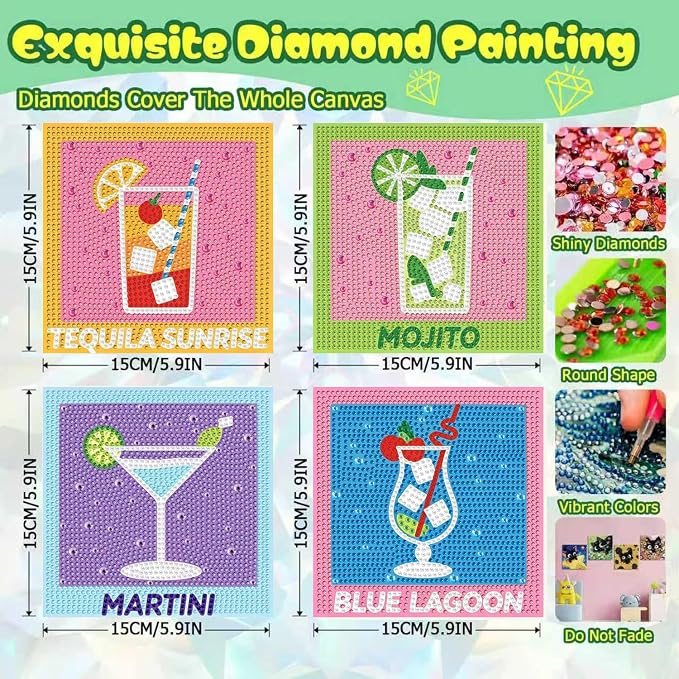 ICYANART 4 Set Cocktail Diamond Art Kits Diamond Art Paintings Gem Painting | Cocktail Diamond Painting Kits for Adults Beginners, Small Diamond Art Kits for Gift and Home Wall Decor 6x6inch