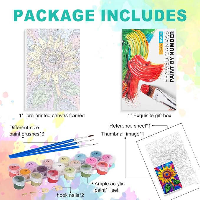 Framed Paint by Numbers Kit for Adults, Colorful Sunflower, 8 x 12 Inch | DIY Adult Paint by Number Kit for Beginners, Floral Wall Decor, Stress Relief Craft Gift, Creative Hobby