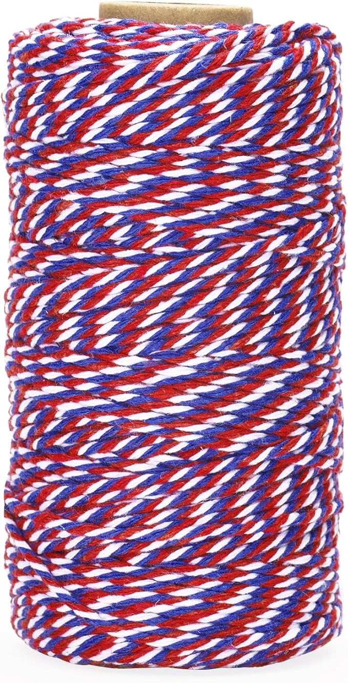 jijAcraft Red White and Blue String, 2MM Cotton Twine, 328Ft Bakers Twine, Wrapping String, Decoration Cotton Strings for 4th of July, Memorial Day, Veteran's Day