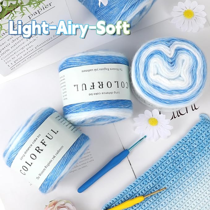 Katech Yarn for Crocheting-4 Pack of 100g/3.52 oz Gradient Cake Yarn | #3 DK Light-60% Cotton 30% Acrylic 10% Wool -Perfect for Scarves, Shawls, Blankets, and Garments That Stand Out with Style(E)