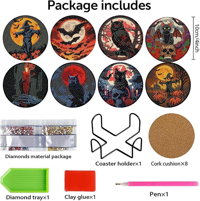 askkqtx 8 Pcs Halloween Diamond Art Coasters Kits with Holder 4X4 Inch