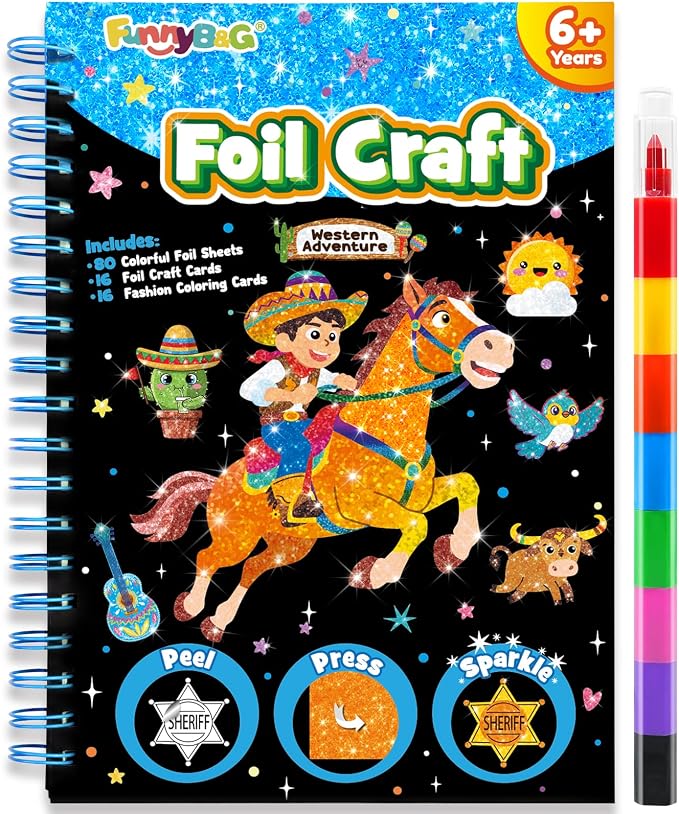 FUNNYB&G Foil Art Craft Kit for Kids, Sparkly Birthday Gift Toy for Kids | No Mess, Kids Ages 4-10 Create Sparkling Artwork, A Creative Gift for Birthdays, Holidays, Travel Activities,Screen-Free Fun