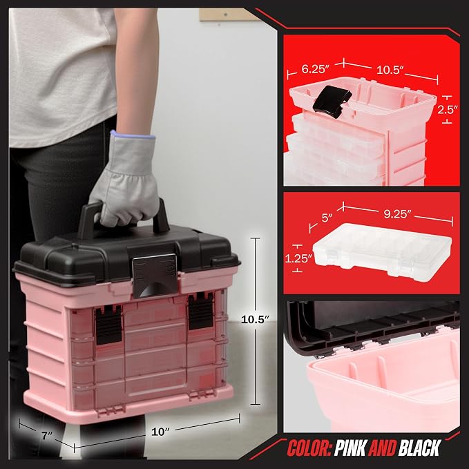 Stalwart Portable Tool Box for Women or Men, Pink, 10 x 7 x 10.5in
