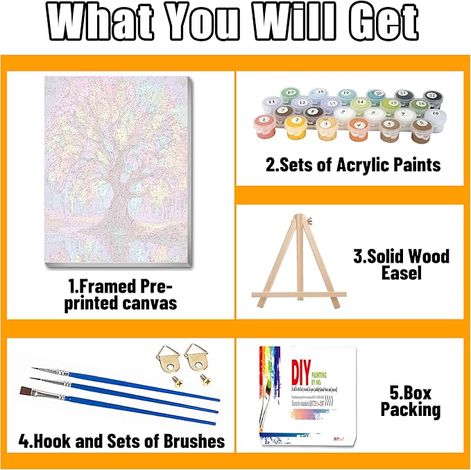 Ausanrl Tree of Life Paint by Numbers with Frame Wooden Easel-Tree Paint by Number Adult,Paint by Numbers Framed Canvas,Adult Paint by Number Kits on Canvas Framed Gifts and Home Wall Decor 12x16inch