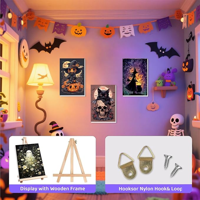Halloween Paint by Numbers for Adults with Framed Canvas - Wooden Easel | 4 Pack Paint by Number on Canvas, DIY Halloween Acrylic Oil Painting Kits with Brushes for Home Wall Decor (8x12 inch)