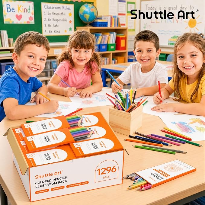 Shuttle Art 1296 Colored Pencils Bulk, 12 Colors, 108 Pack for Classroom | Pre-sharpened pencils, vibrant colors, bulk colored pencils for kids and classrooms